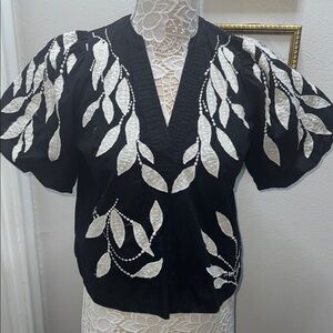 By Anthropology Chic Black and White Leaf Pattern Blouse